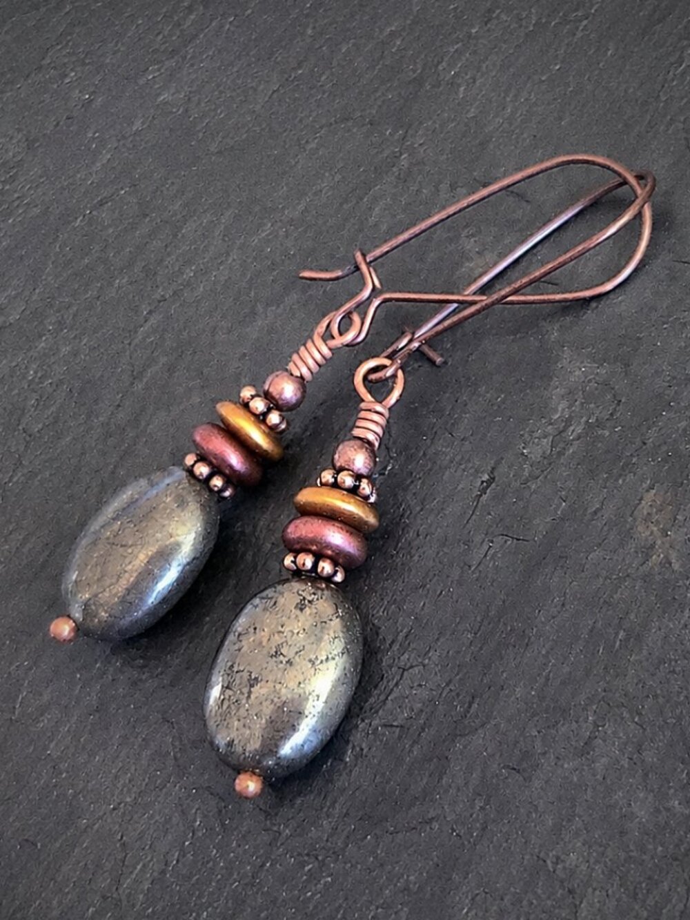 Boho Pyrite Earrings With Copper - Picture 4 of 7